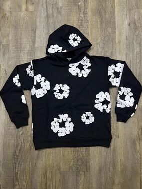 Black Hoodie with White Floral Ring Print